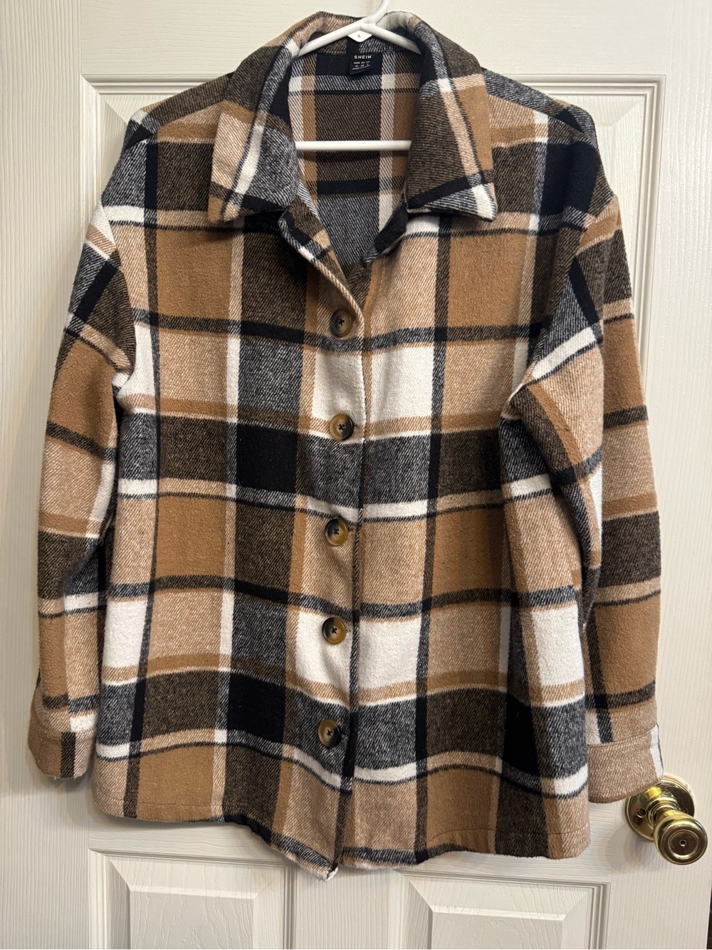 SHEIN Plaid Flannel Shacket Coat Tan Black White Size Medium
